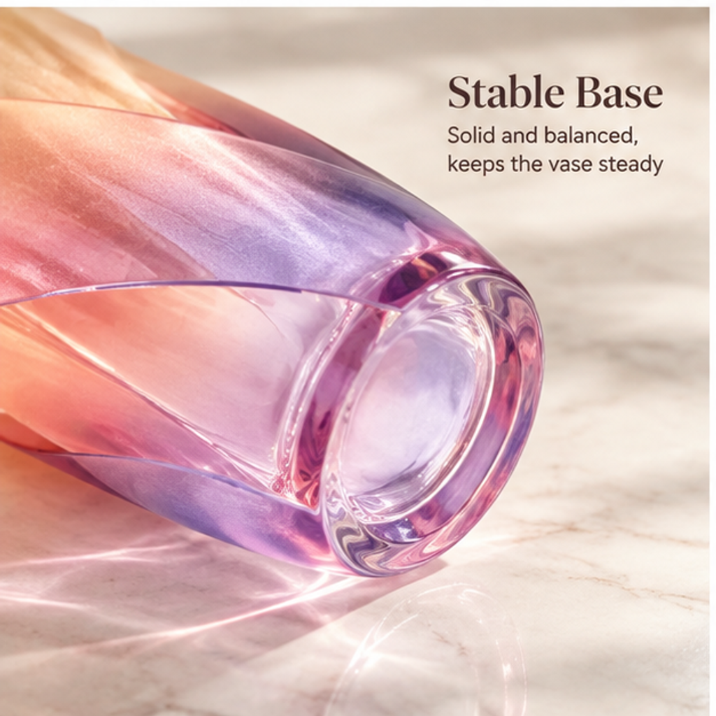 PLIOXOO® rose gold gradient twisted glass vase with dimension annotations on neutral background – height 22 cm (8.7 in) × width 9 cm (3.5 in); showing full twisted silhouette from amber crown to violet base