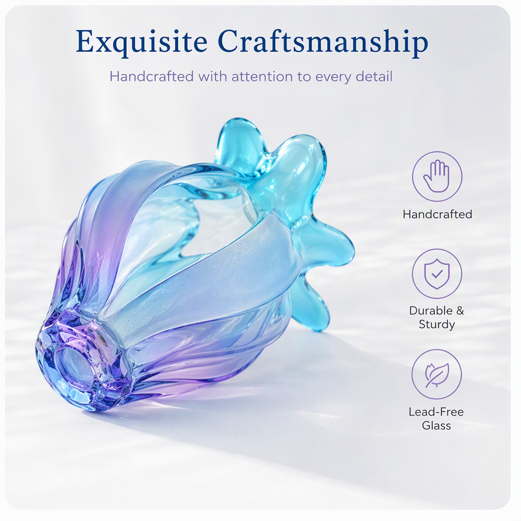 PLIOXOO® iridescent glass tulip vase close-up of butterfly-wing crown – Dreamy Iridescent Glass: shimmering colors that change with the light; Iridescent Shimmer / Premium Glass / Blue & Purple Gradient