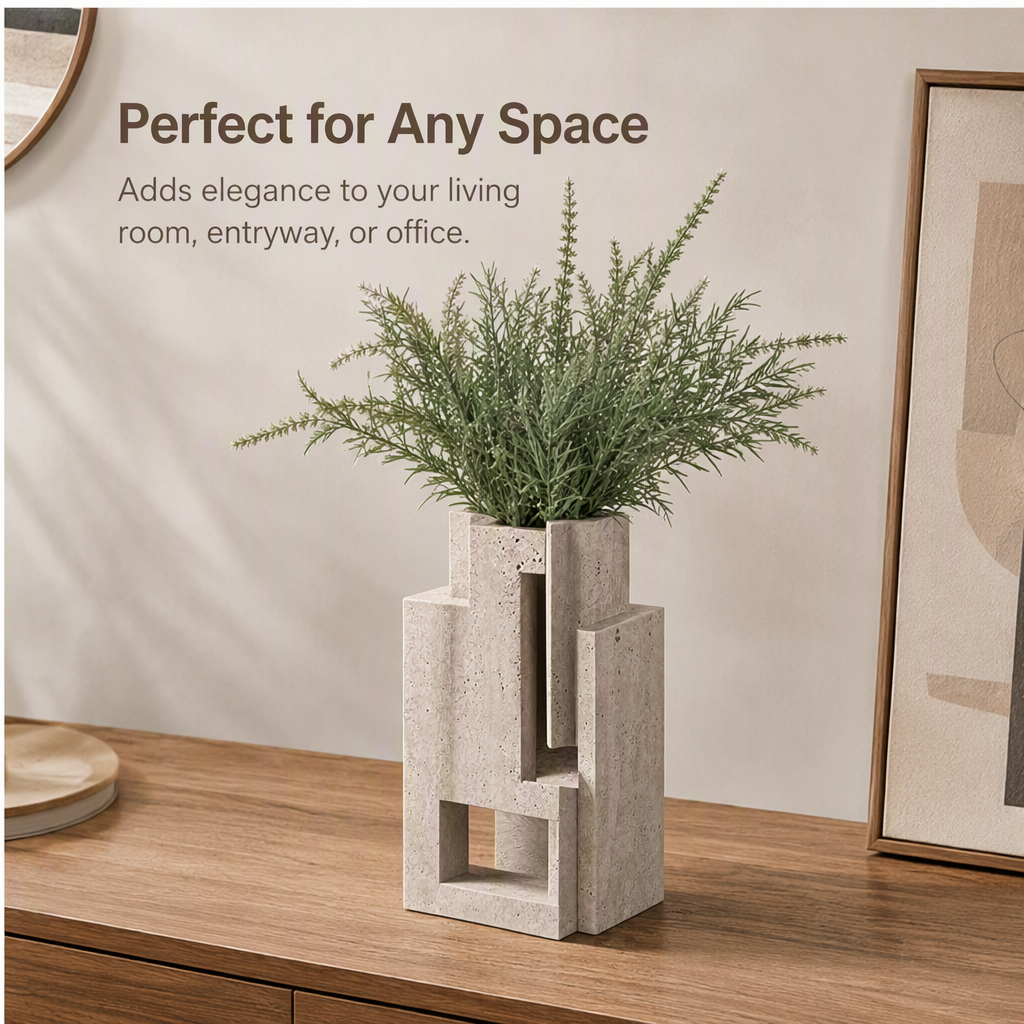 PLIOXOO® travertine vase on sideboard with mirror and framed art – Perfect for Any Space: adds elegance to your living room, entryway or office