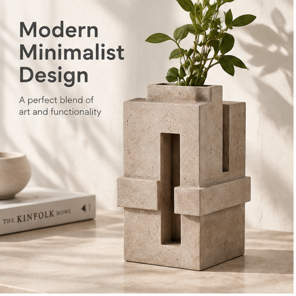 PLIOXOO® concrete stepped vase – Modern Minimalist Design: a perfect blend of art and functionality, styled with green stems beside The Kinfolk Home book on marble surface
