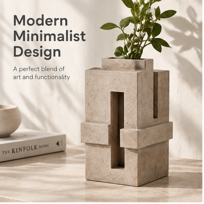 PLIOXOO® concrete stepped vase – Modern Minimalist Design: a perfect blend of art and functionality, styled with green stems beside The Kinfolk Home book on marble surface