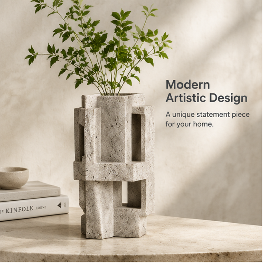 PLIOXOO® concrete block vase styled with green branches on marble table with Kinfolk books – Modern Artistic Design: a unique statement piece for your home