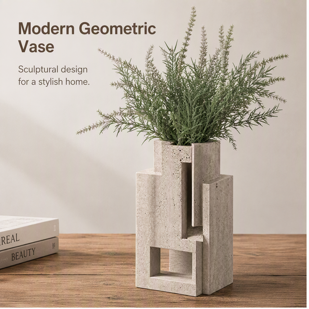 PLIOXOO® travertine vase Premium Quality close-up – made of durable travertine with natural texture and timeless appeal, showing speckled porous surface detail