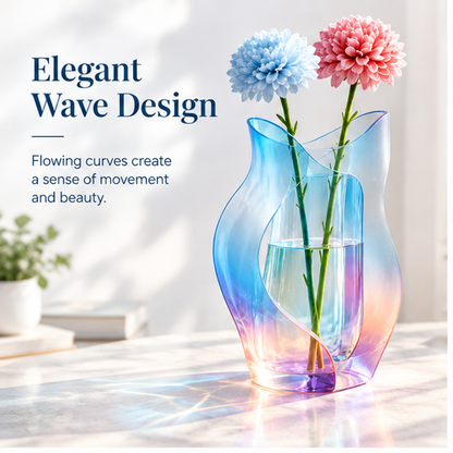 PLIOXOO® rainbow wave glass vase with blue and pink chrysanthemums on marble table in sunlit room – Elegant Wave Design text overlay: flowing curves create a sense of movement and beauty