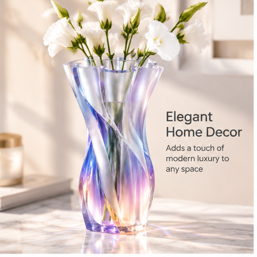 PLIOXOO® iridescent glass twisted flower vase lying on its side – Solid Base: stable and balanced, more reliable; showing faceted octagonal base with prismatic light refraction in blue, violet and rose