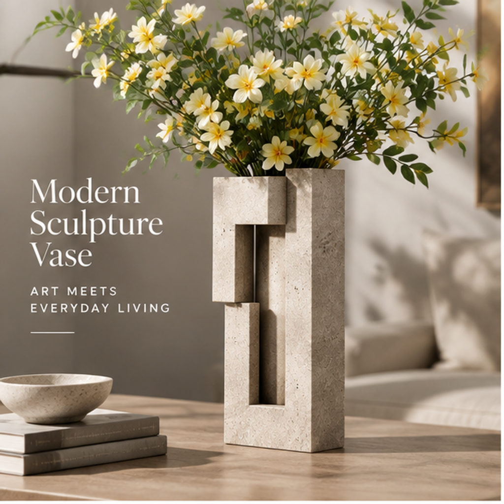 PLIOXOO® travertine modern sculpture vase on cream surface – full product view showing interlocking rectangular towers in warm sand-coloured natural stone with key features: Premium Stone Material, Durable & Long Lasting, Unique Geometric Design, Perfect for Home & Office