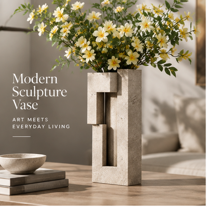 PLIOXOO® travertine modern sculpture vase on cream surface – full product view showing interlocking rectangular towers in warm sand-coloured natural stone with key features: Premium Stone Material, Durable & Long Lasting, Unique Geometric Design, Perfect for Home & Office