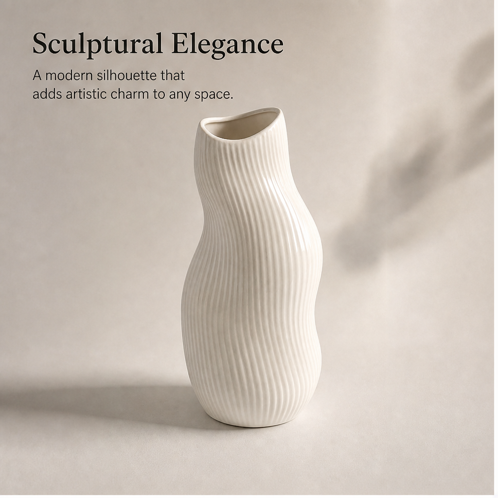 PLIOXOO® ribbed ceramic vase multi-angle display – Front, Side, Back views showing Beautiful from Every Perspective with consistent wave-ribbed form
