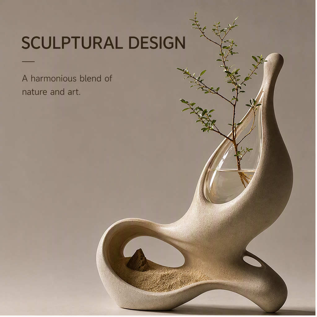 PLIOXOO® sculptural vase with hydroponic plant – Sculptural Design: A harmonious blend of nature and art with flowing ceramic form and glass vessel