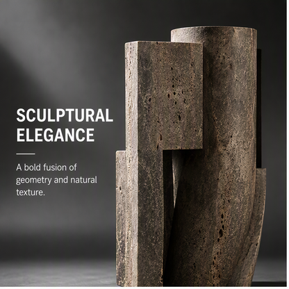 PLIOXOO® dark travertine vase – Sculptural Elegance: a bold fusion of geometry and natural texture, showing porous charcoal travertine surface with warm fossil-brown veining