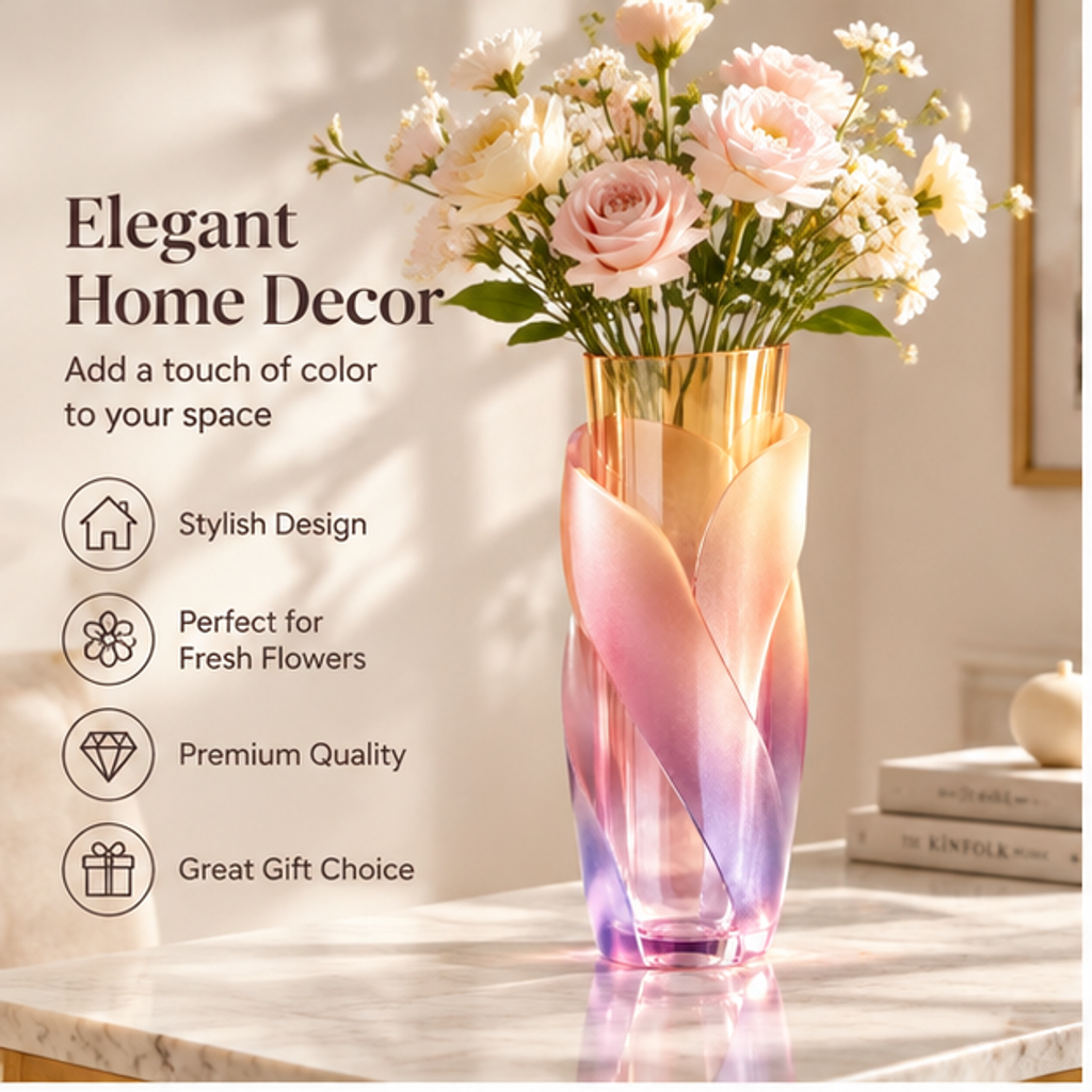 PLIOXOO® rose gold gradient twisted glass vase tilted to show base close-up – Stable Base: solid and balanced, keeps the vase steady; showing wide flat circular base in pink-violet gradient on marble surface