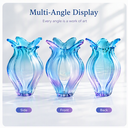PLIOXOO® iridescent glass tulip vase Multi-Angle Display – Side, Front and Back views showing every angle is a work of art; deep fluted panels, butterfly-wing opening and iridescent shimmer in blue and purple