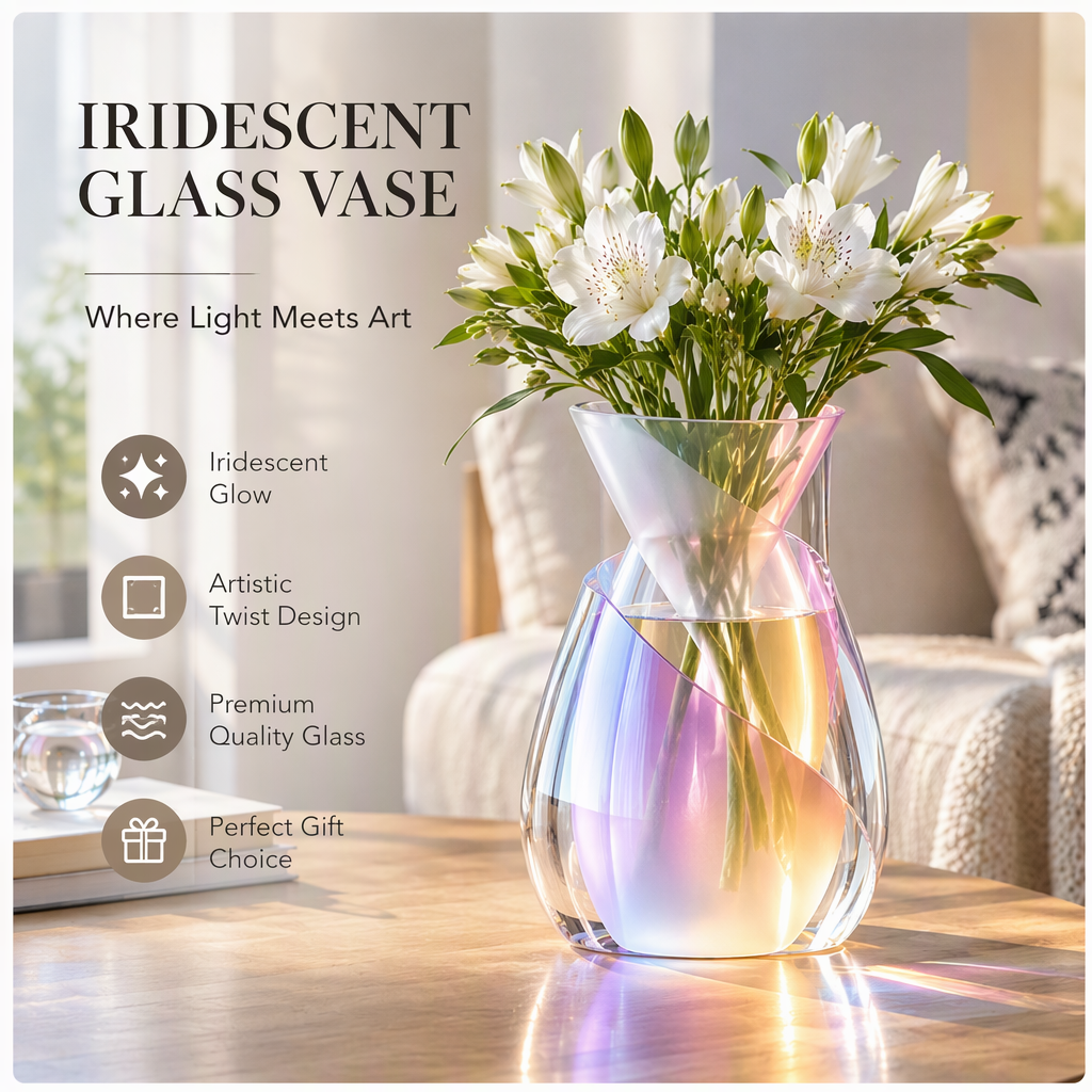 PLIOXOO® iridescent glass vase on white table with candle and books in warm light – Artistic Twist Design text overlay: a unique spiral silhouette that refracts light beautifully, adding elegance to any space; showing full body in pink-blue-gold iridescent glow