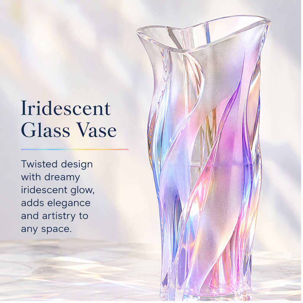 PLIOXOO® iridescent twisted glass vase with purple and white lisianthus on marble table in sunlit room – Perfect for Any Space text overlay: ideal for living rooms, dining tables, bedrooms, offices, or as a stunning centerpiece