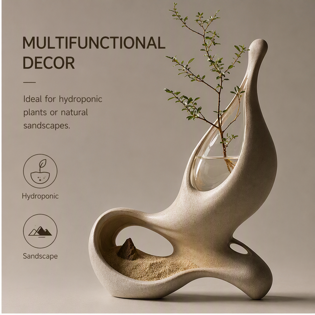 PLIOXOO® ceramic vase with branch in room setting – Multifunctional Decor: ideal for hydroponic plants or natural sandscapes