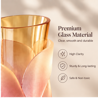 PLIOXOO® rose gold gradient twisted glass vase with blush roses, white ranunculus and gypsophila on marble console – Elegant Home Decor text overlay: add a touch of color to your space; 4 icon feature list: Stylish Design / Perfect for Fresh Flowers / Premium Quality / Great Gift Choice