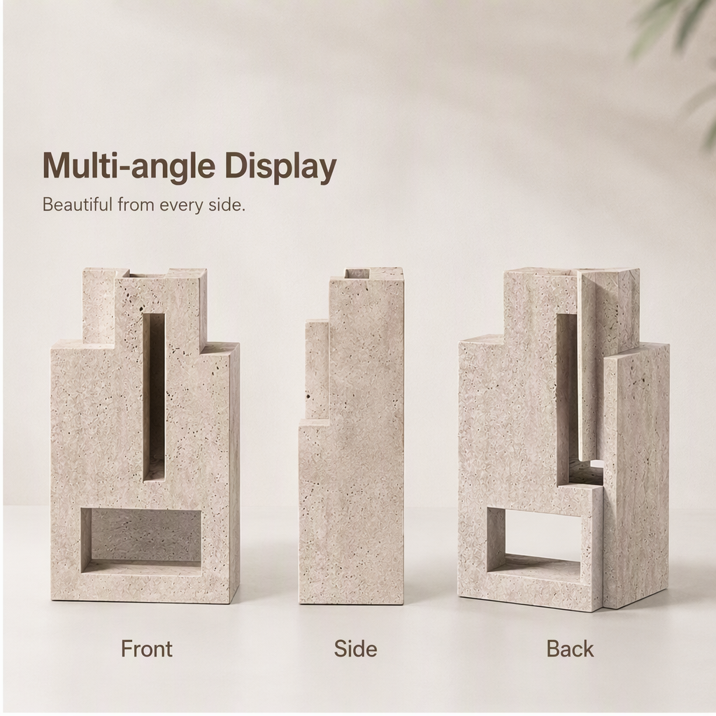 PLIOXOO® geometric stone vase styled on wooden table with fresh greenery and books – Modern Geometric Vase: sculptural design for a stylish home