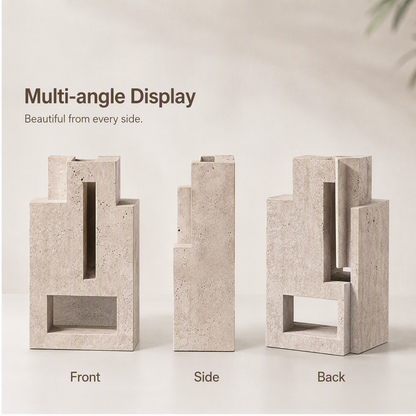 PLIOXOO® geometric stone vase styled on wooden table with fresh greenery and books – Modern Geometric Vase: sculptural design for a stylish home