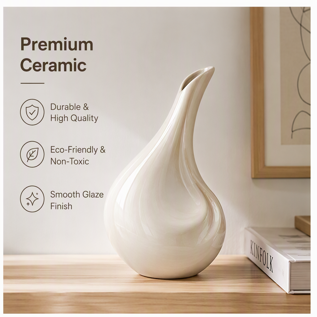 Close-up of PLIOXOO® ceramic vase showing flowing curves and glossy finish – thoughtful details