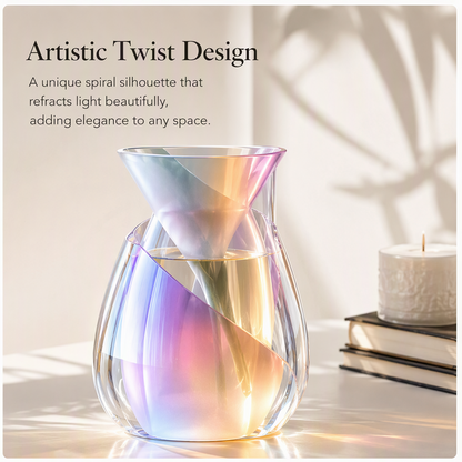 PLIOXOO® iridescent glass vase with white alstroemeria on wooden coffee table in sunlit living room – Iridescent Glass Vase text overlay: Where Light Meets Art; 4 icon feature list: Iridescent Glow / Artistic Twist Design / Premium Quality Glass / Perfect Gift Choice