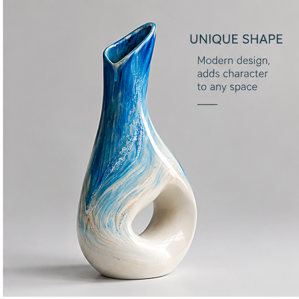 PLIOXOO® ocean swirl vase top close-up – Smooth Glaze: exquisite finish, rich in texture with deep blue glaze detail