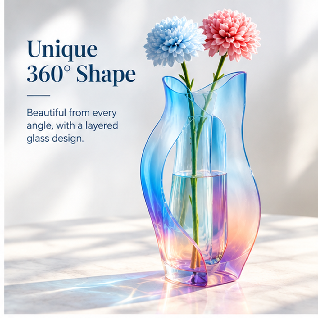 PLIOXOO® rainbow wave glass vase close-up of polished edge – Premium Glass Craft: crystal-clear glass, smooth edges, exquisite craftsmanship; showing razor-thin polished wave panel rim in blue and violet gradient