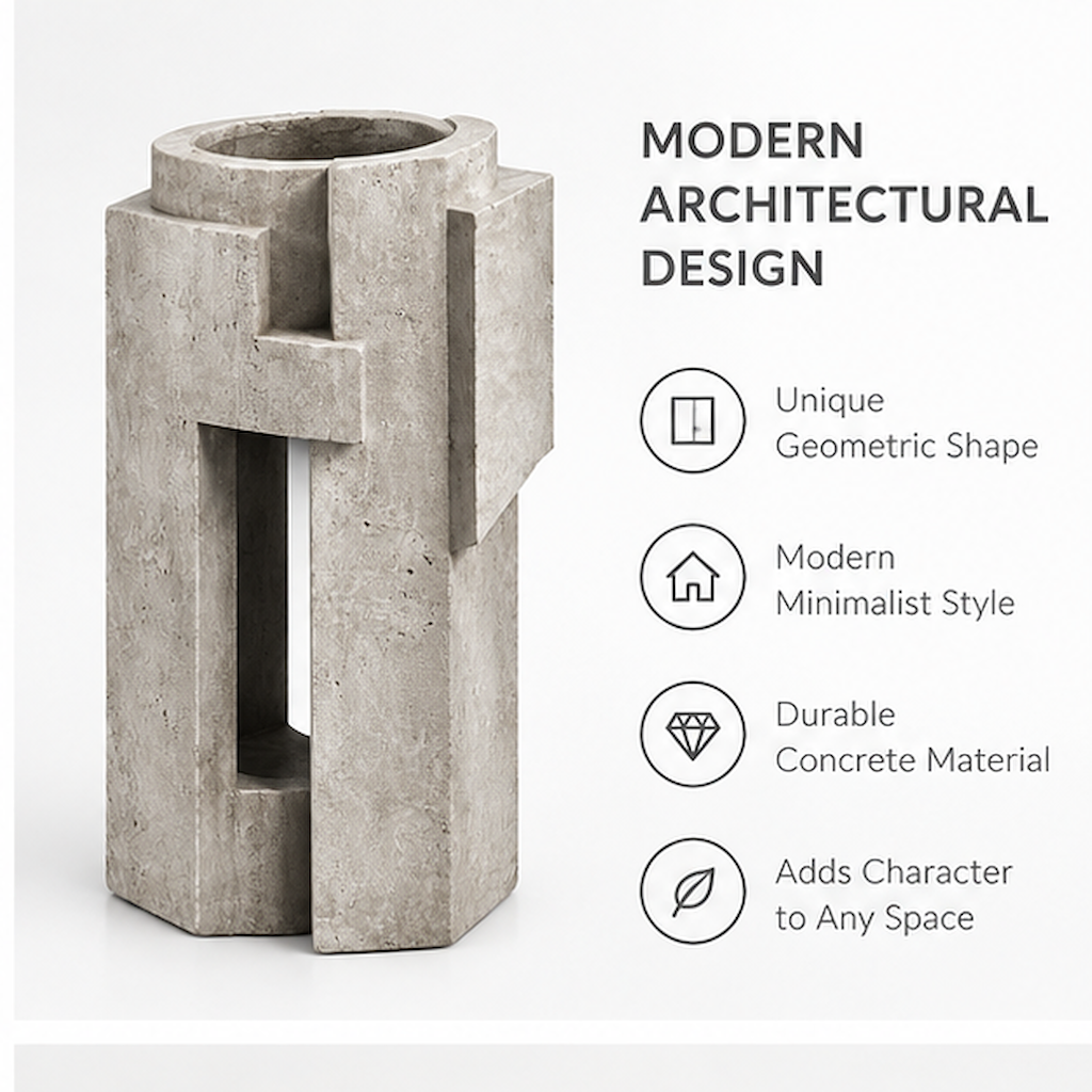 PLIOXOO® concrete cylinder vase styled with eucalyptus on marble console beside The Kinfolk Home book – Perfect for Your Home: a striking decorative piece for living rooms, offices and more