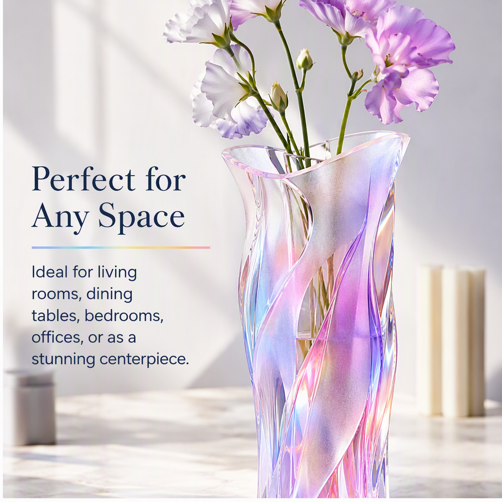PLIOXOO® iridescent twisted glass vase held in one hand – Premium Craftsmanship text overlay: made of high-quality thickened glass, sturdy, durable, and built to last; showing full twisted faceted body in blue-pink iridescent glow