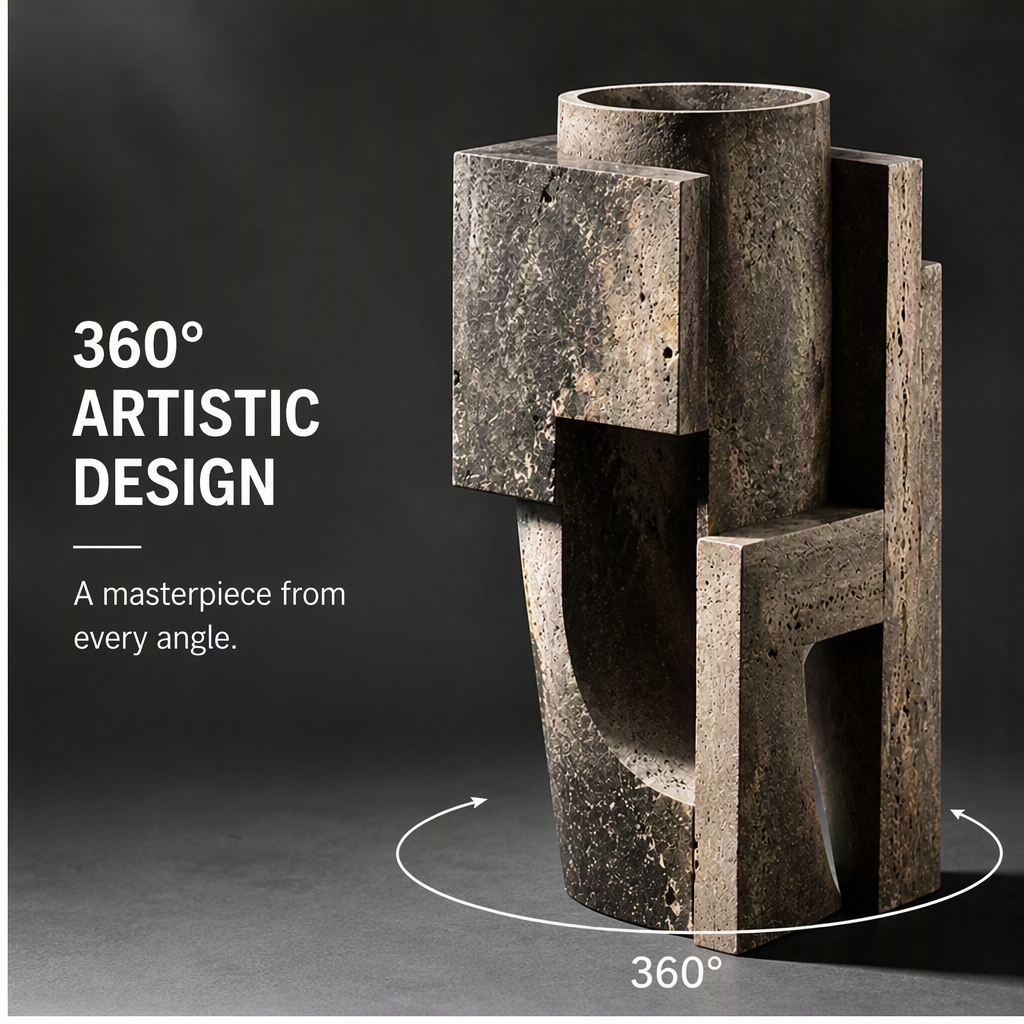 PLIOXOO® dark stone vase 360° Artistic Design – a masterpiece from every angle, showing 360-degree rotation arrows and full sculptural form
