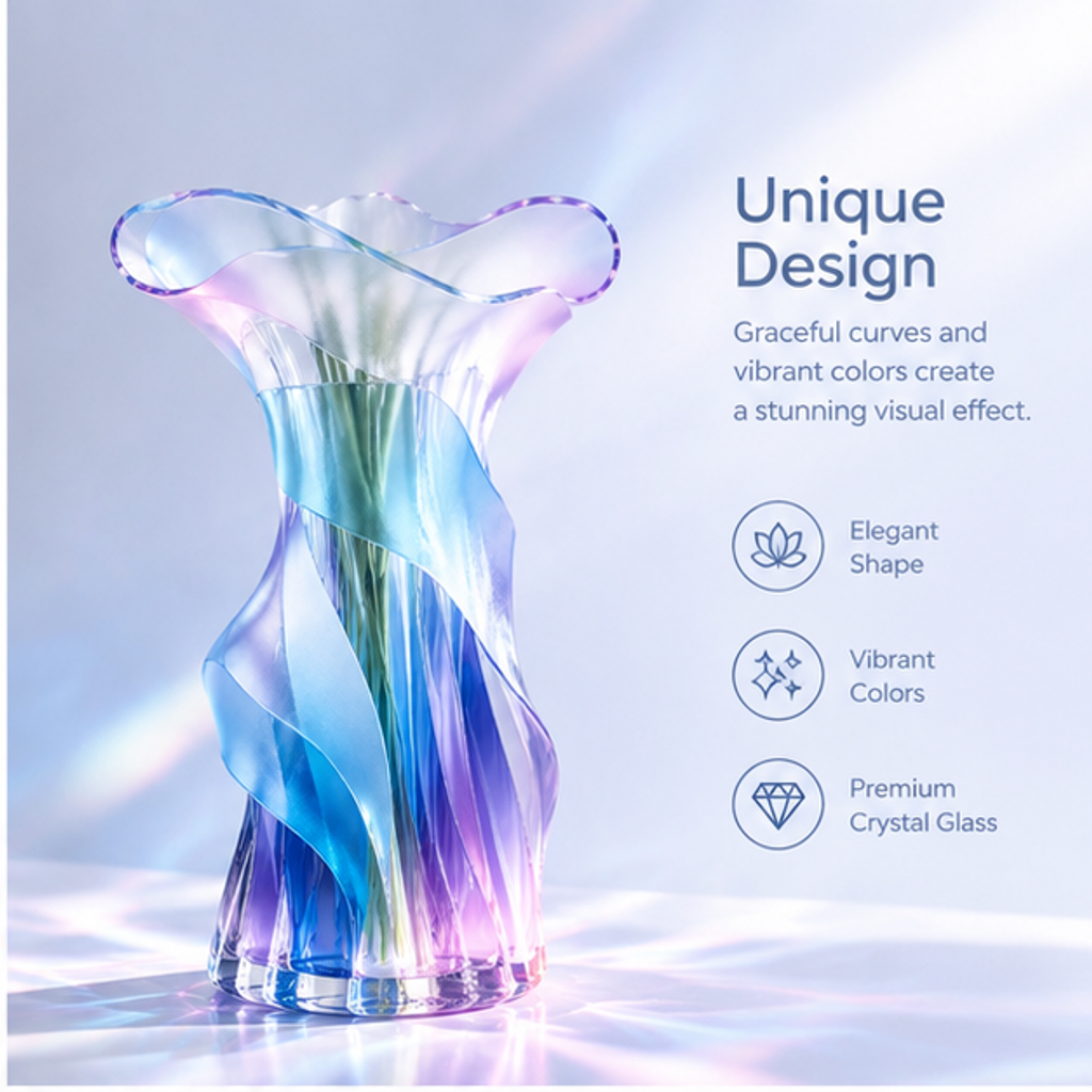 PLIOXOO® crystal glass ruffled vase top-down view – Elegant Ruffled Rim: inspired by nature, the delicate scalloped petal-like rim adds a touch of romance to your home, showing blue and violet gradient opening