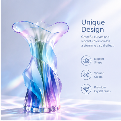 PLIOXOO® crystal glass ruffled vase top-down view – Elegant Ruffled Rim: inspired by nature, the delicate scalloped petal-like rim adds a touch of romance to your home, showing blue and violet gradient opening