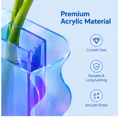 PLIOXOO® wavy acrylic vase top-down view – Beautiful from Every Angle: colorful light refraction brings life to your space, showing prismatic blue and violet light scatter and cloud-like wavy wing silhouette