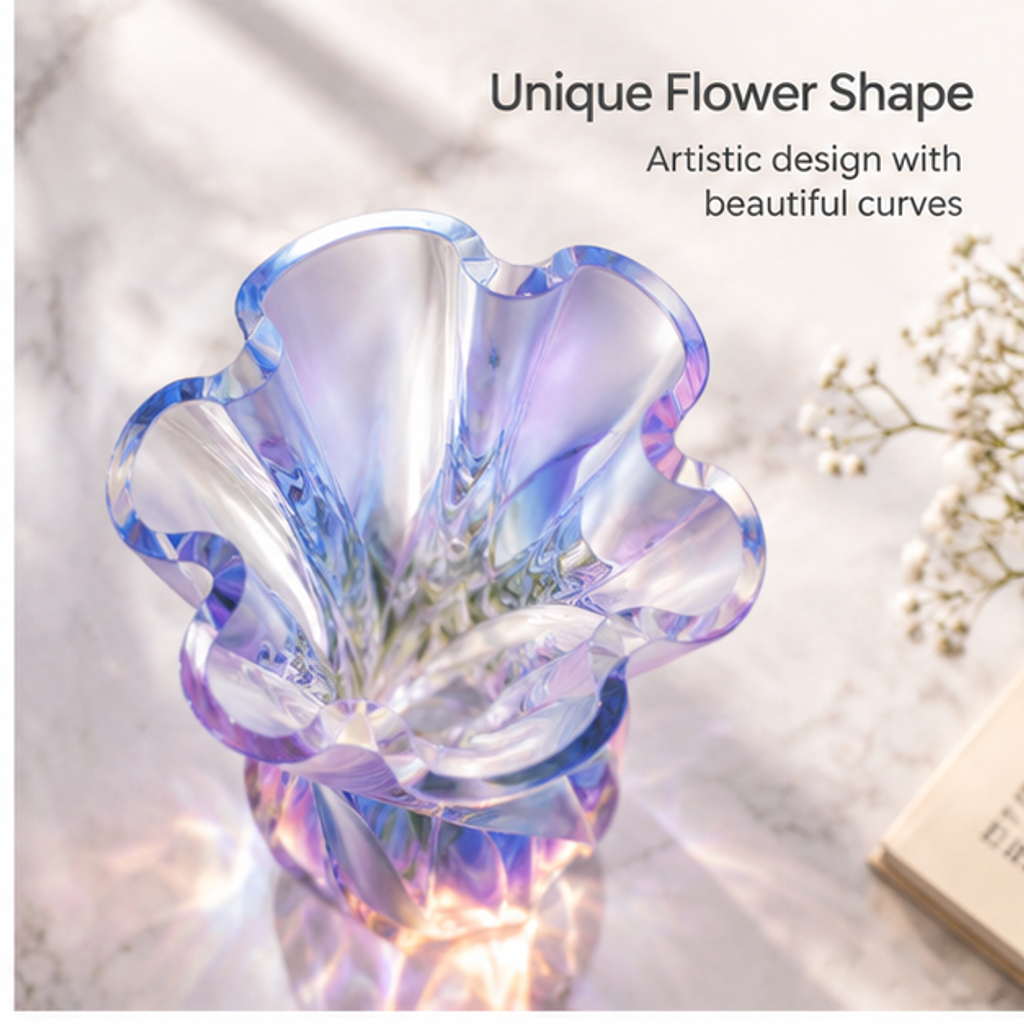 PLIOXOO® iridescent glass twisted flower vase close-up of twisted body – 4 icon feature list: High-quality Glass / Crystal Clear & Iridescent / Sturdy & Durable / Perfect Gift Choice