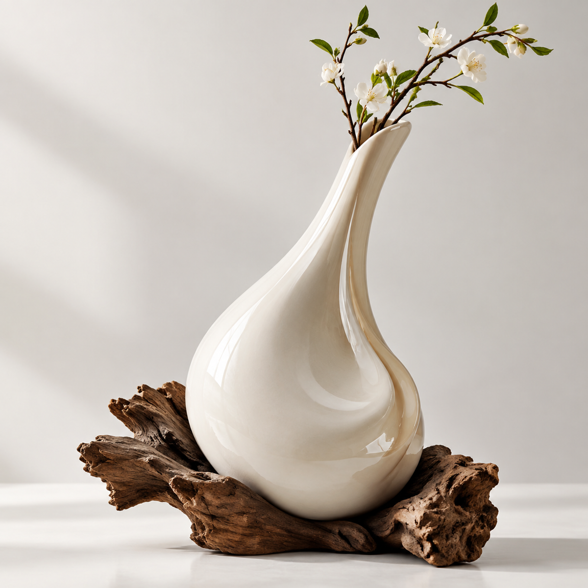 PLIOXOO® white ceramic vase with elegant sculptural design, styled with cherry blossom branches on a white surface