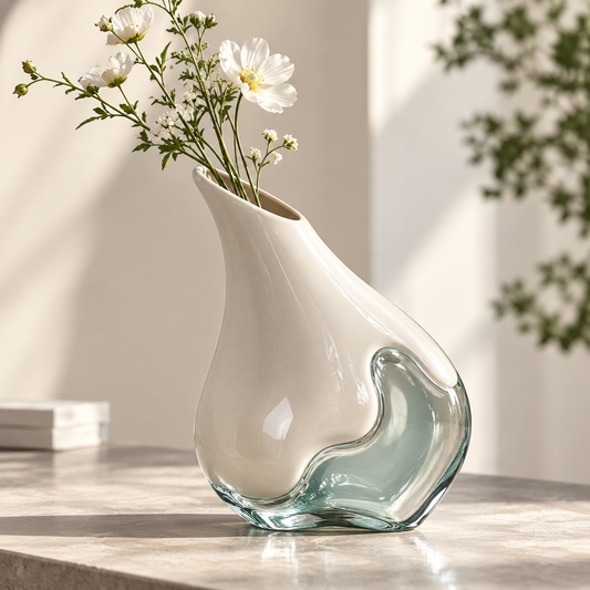 PLIOXOO® ceramic and glass wave vase with white wildflowers on a marble surface – full product lifestyle view