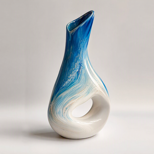 PLIOXOO® ocean swirl ceramic vase on white background – clean product view showing full unique shape and blue-to-cream glaze