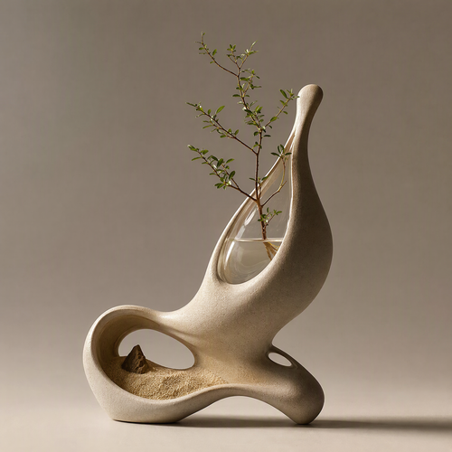 PLIOXOO® sculptural ceramic hydroponic vase with green branch on warm beige background – full product view showing organic flowing form and glass vessel
