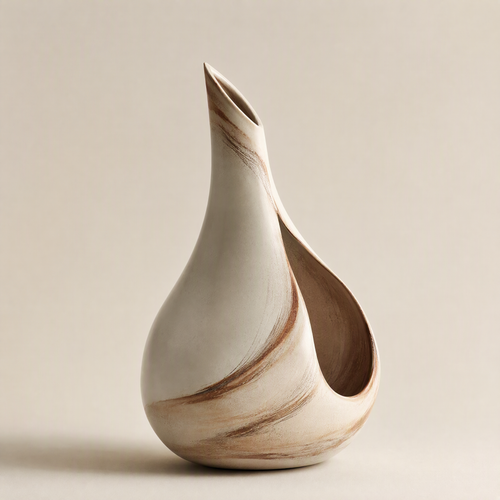 PLIOXOO® dual sculptural ceramic vase on warm beige background – full product view showing marble swirl glaze, soaring asymmetric neck and open teardrop body