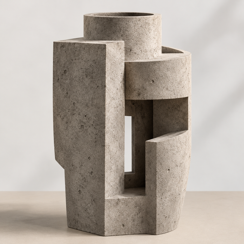 PLIOXOO® geometric concrete sculptural vase on warm beige surface – full product view showing cylindrical opening, rectangular fins and open cutouts in natural speckled grey