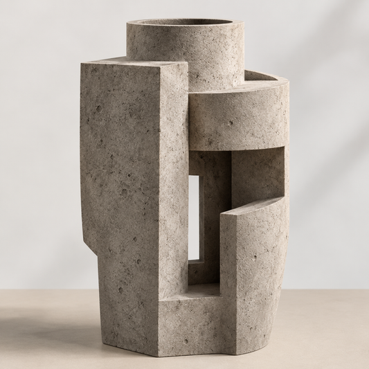 PLIOXOO® geometric concrete sculptural vase on warm beige surface – full product view showing cylindrical opening, rectangular fins and open cutouts in natural speckled grey