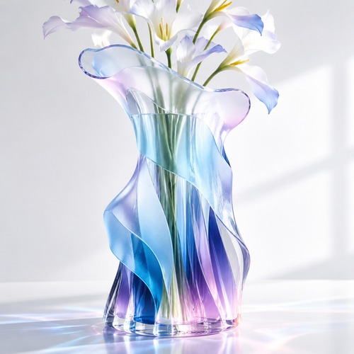 PLIOXOO® crystal glass ruffled vase with blue purple gradient holding white freesia on marble console beside The Kinfolk book and crystal ball – Art in Every Angle: a perfect blend of elegance and creativity