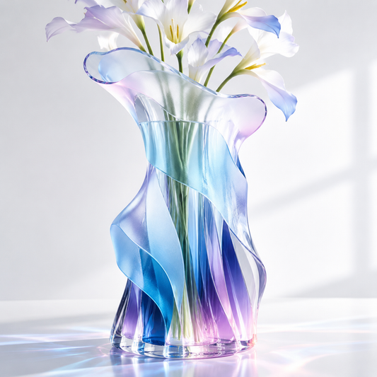 PLIOXOO® crystal glass ruffled vase with blue purple gradient holding white freesia on marble console beside The Kinfolk book and crystal ball – Art in Every Angle: a perfect blend of elegance and creativity