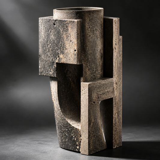PLIOXOO® dark travertine sculptural cylinder vase on grey surface – full product view showing cylinder, rectangular fin and arched cutout in dark charcoal natural stone