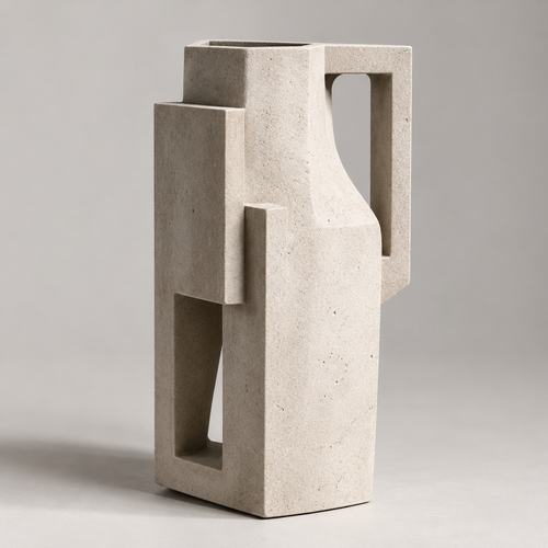 PLIOXOO® concrete modern sculptural vase on grey surface – full product view showing rectangular body, handle cutout and curved inner recess in matte concrete finish