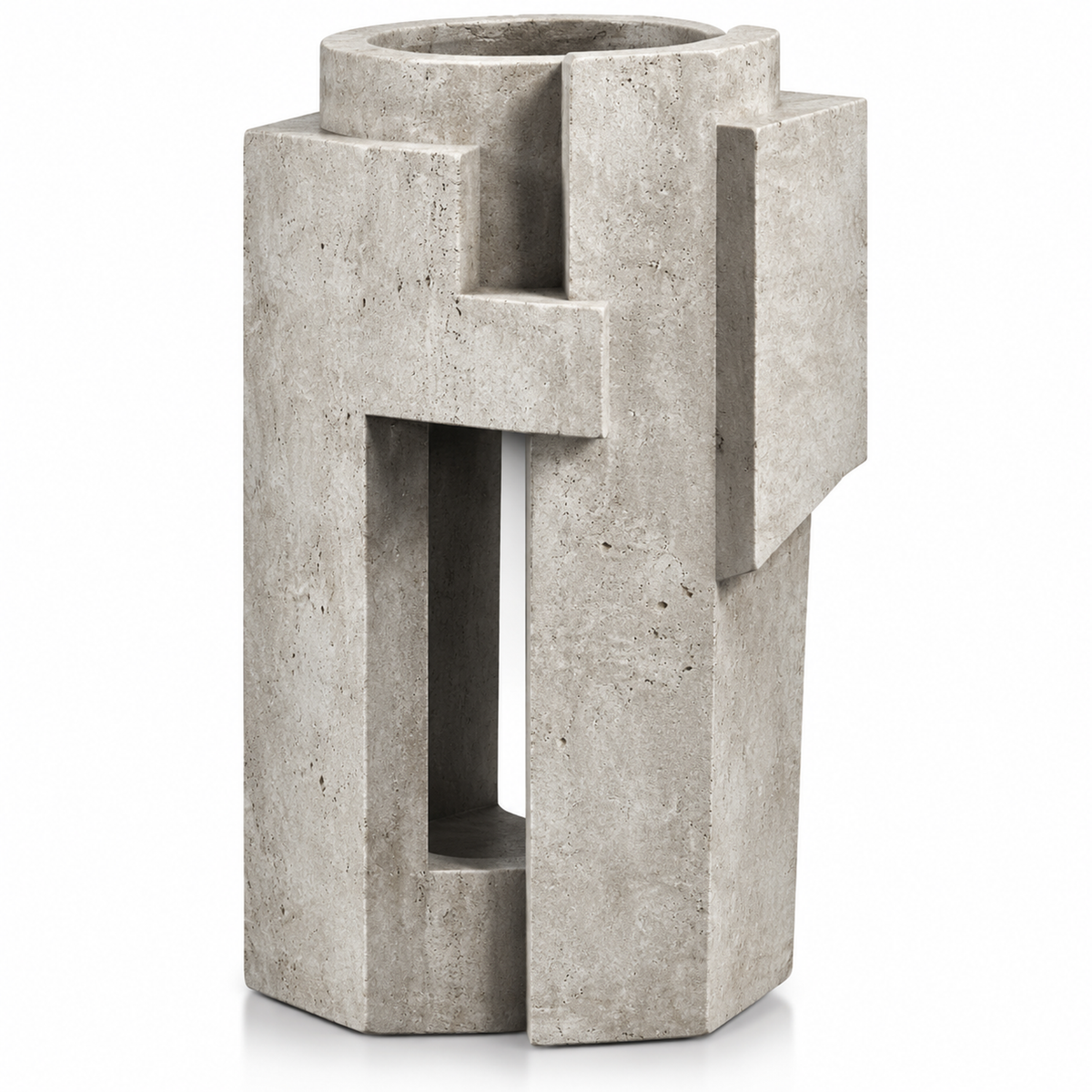 PLIOXOO® concrete architectural cylinder vase on white background – full product view showing cylindrical body with interlocking rectangular tabs, vertical slot and horizontal cross-bar in natural grey concrete