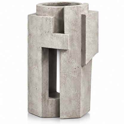 PLIOXOO® concrete architectural cylinder vase on white background – full product view showing cylindrical body with interlocking rectangular tabs, vertical slot and horizontal cross-bar in natural grey concrete