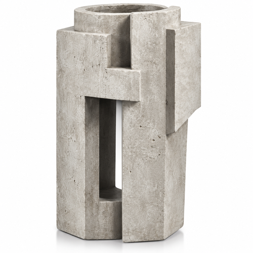 PLIOXOO® concrete architectural cylinder vase on white background – full product view showing cylindrical body with interlocking rectangular tabs, vertical slot and horizontal cross-bar in natural grey concrete