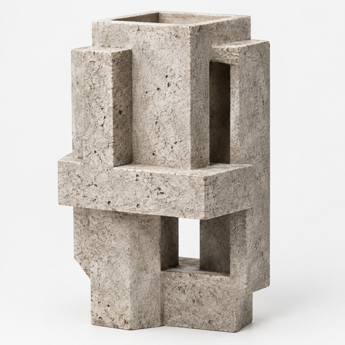 PLIOXOO® concrete geometric block vase on white surface – full product view showing four interlocking rectangular columns with open windows and cruciform base in speckled grey concrete