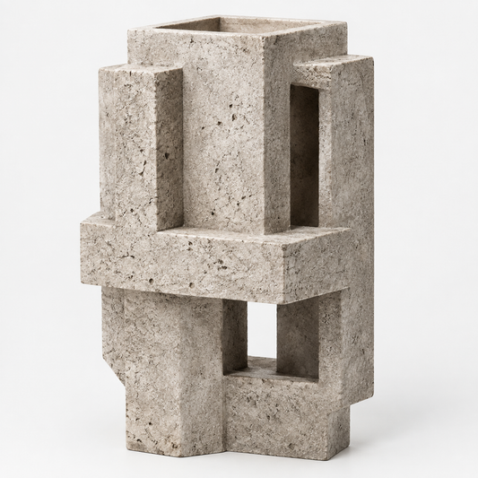 PLIOXOO® concrete geometric block vase on white surface – full product view showing four interlocking rectangular columns with open windows and cruciform base in speckled grey concrete