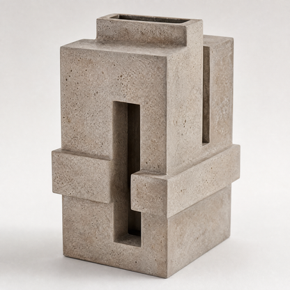 PLIOXOO® concrete minimalist stepped vase on white surface – full product view showing asymmetric stepped column with horizontal cross-bar and vertical slot in natural speckled concrete